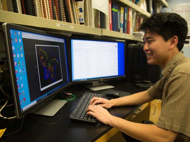 Derek entering in data at the lab computer